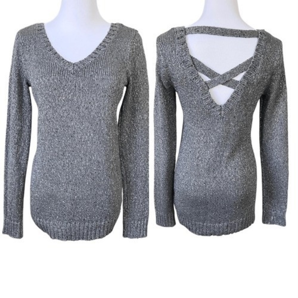 Guess Quinn Gray Criss Cross Back Sequin Sweater SMALL Sparkle Designer SALE